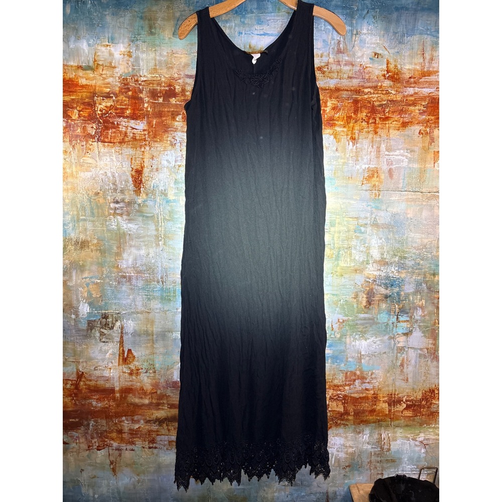 Vintage Basement USA Black Lace Hem Embroidered Scoop Neck Midi Dress Sleeveless
